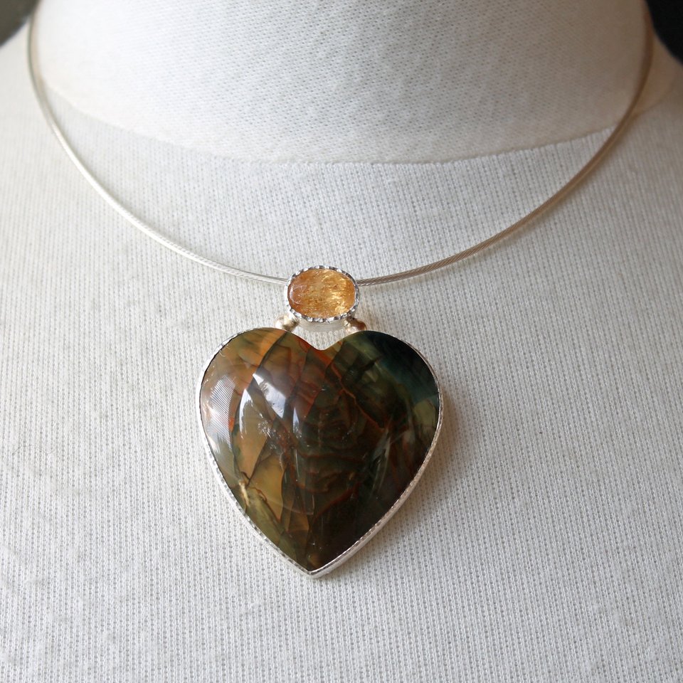 Blue Mountain Jasper Heart Necklace with Golden Imperial Topaz, Silver and 14K Gold