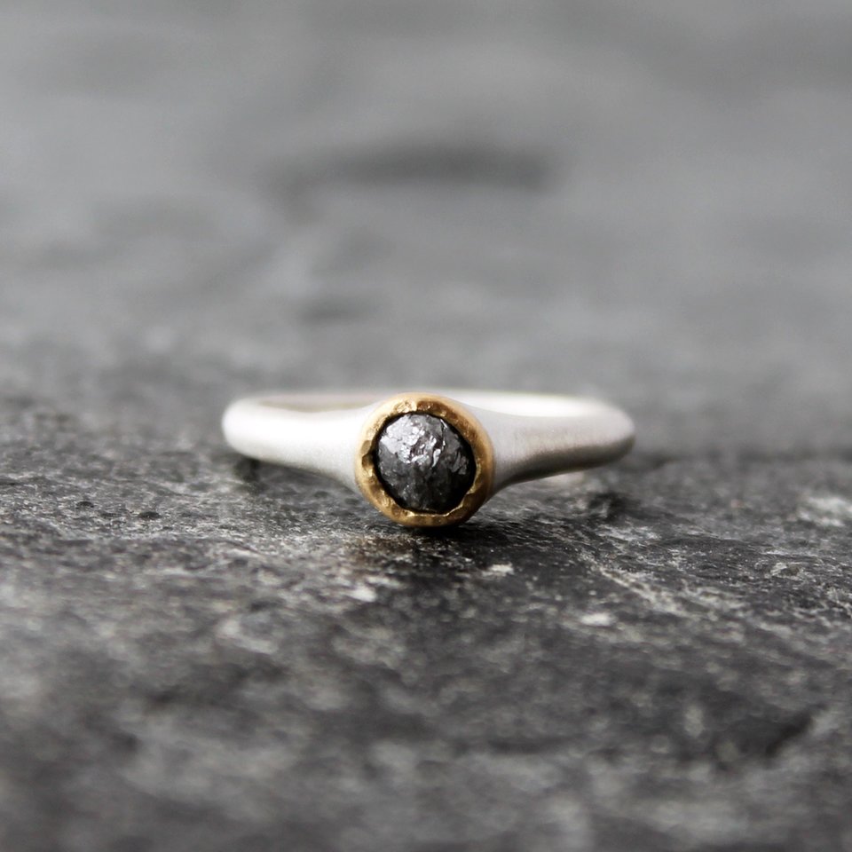 Raw Black Diamond Ring with 18K Gold and Sterling Silver, US Size 7.75