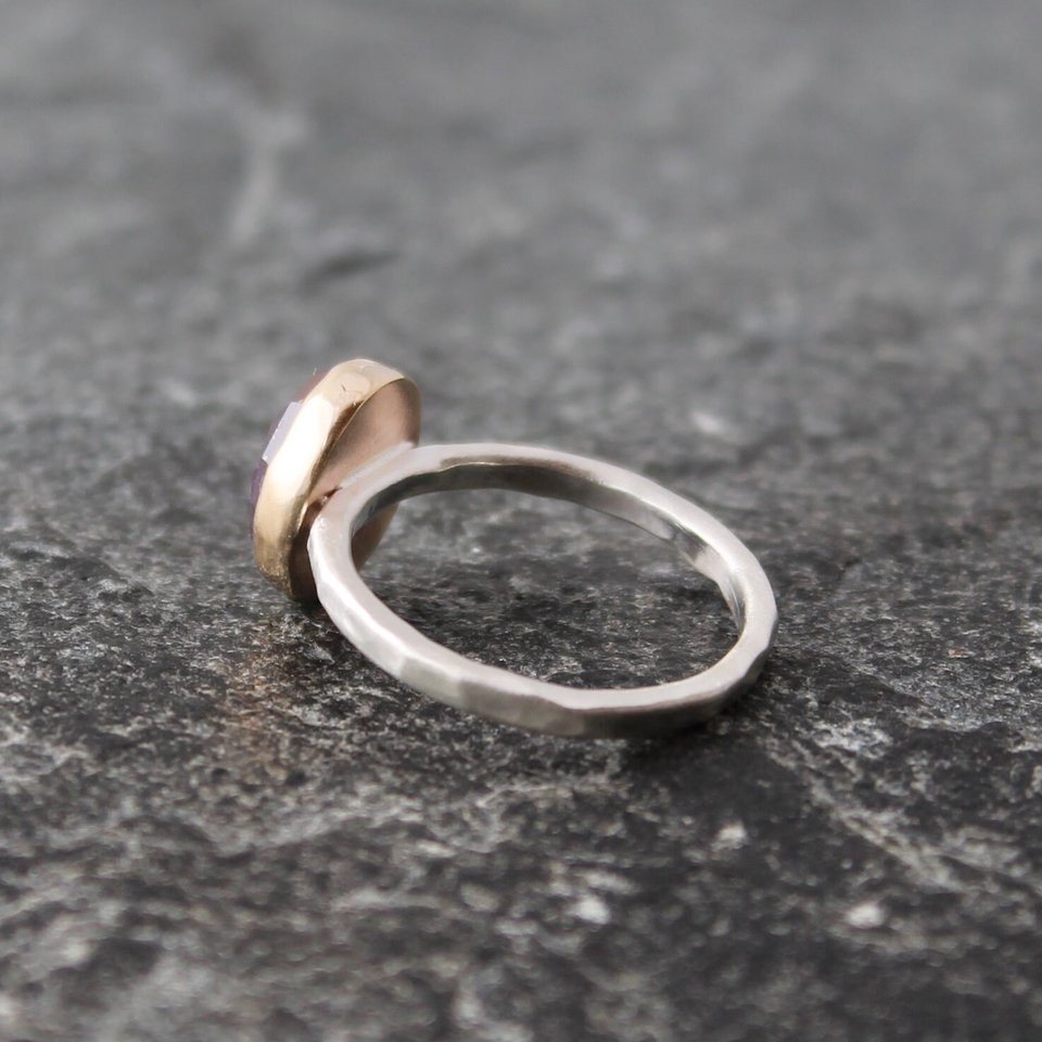 Burgundy Star Sapphire Ring with 14k Gold Setting and Matte Brushed Hammered Sterling Silver Band, US size 7