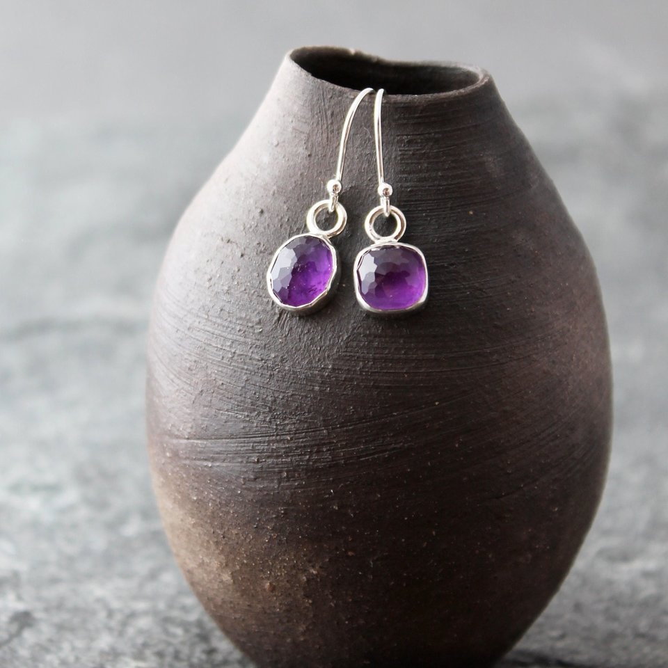 Asymmetrical Amethyst Earrings, neva murtha jewelry, sunshine coast bc jewelry