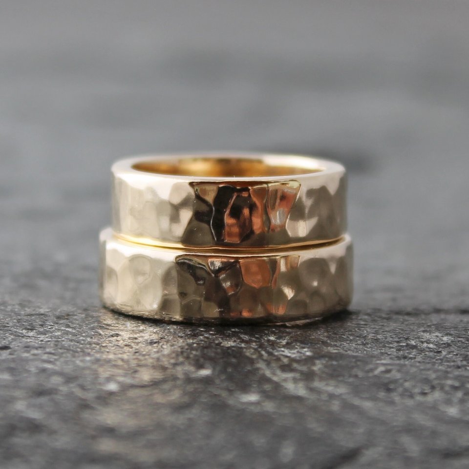 custom Hammered 14K Gold Wedding Bands, neva murtha jewelry, custom wedding bands, sunshine coast bc jewelry