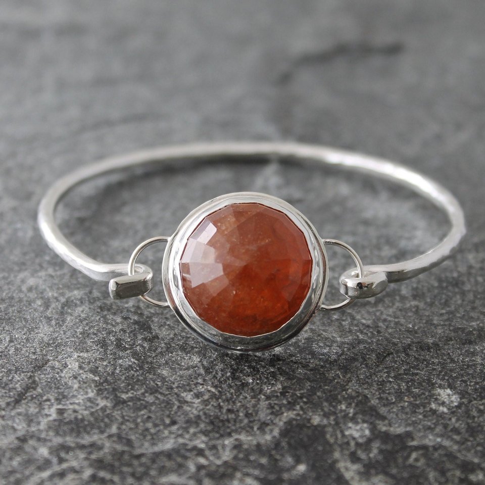 Hessonite Garnet and Hammered Sterling Silver Tension Cuff Bracelet, Fits up to 6.5" wrist