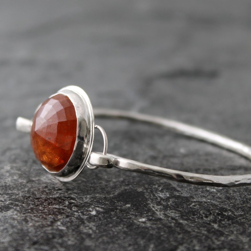 Hessonite Garnet and Hammered Sterling Silver Tension Cuff Bracelet, Fits up to 6.5" wrist