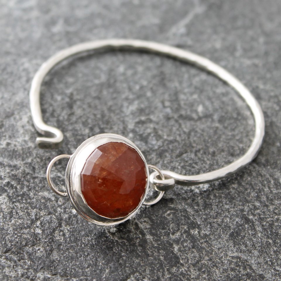 Hessonite Garnet and Hammered Sterling Silver Tension Cuff Bracelet, Fits up to 6.5" wrist