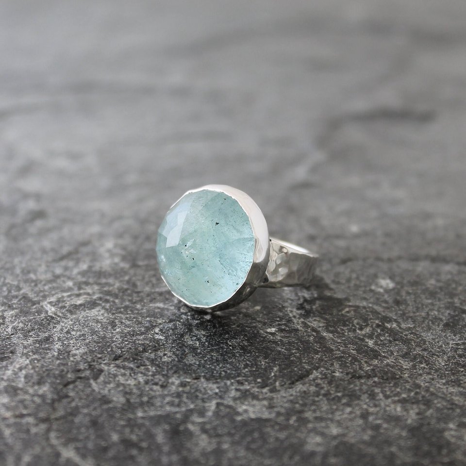 Aquamarine Moon Ring, neva murtha jewelry, sunshine coast bc jewelry