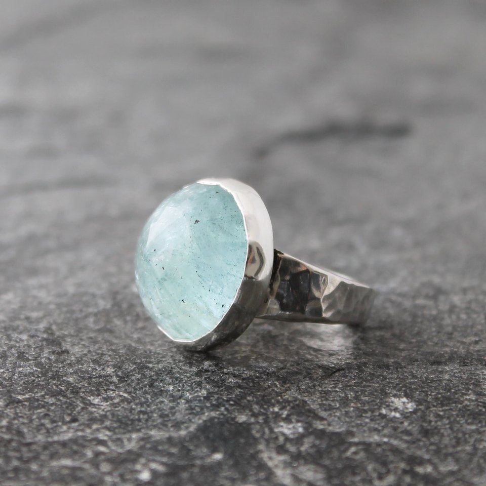 Blue Moon Aquamarine Ring with Hammered Sterling Silver Band,  US Size 8