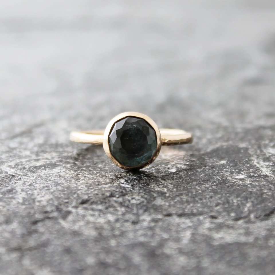 Delicate Blue Tourmaline Ring with 14K Yellow Gold Hammered Band, Custom Sizes