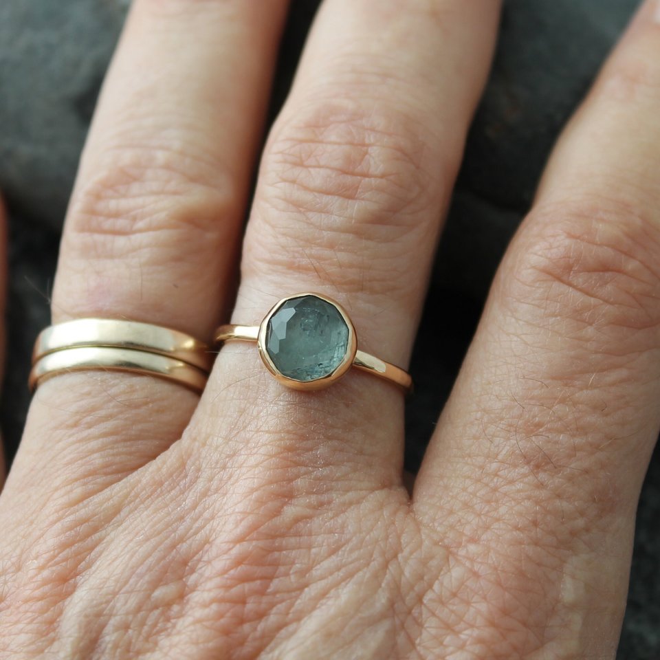 Delicate Blue Tourmaline Ring with 14K Yellow Gold Hammered Band, Custom Sizes