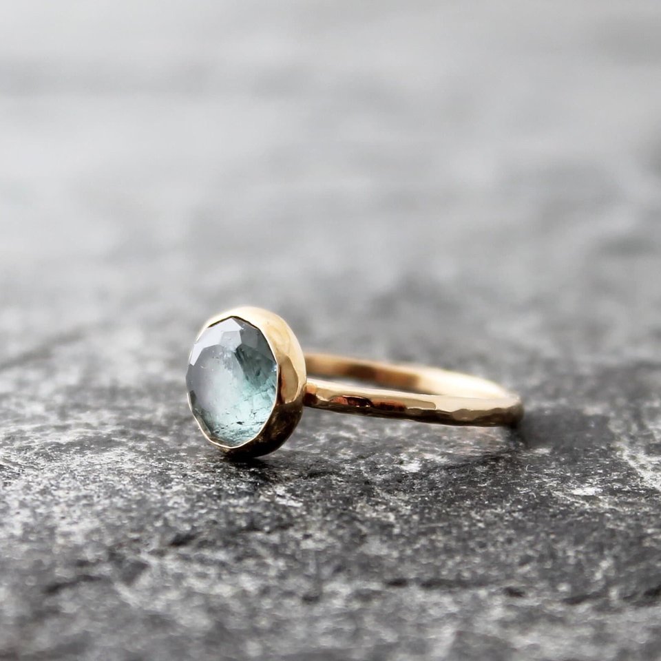 Delicate Blue Tourmaline and Gold Ring, neva murtha jewelry, sunshine coast bc jewelry