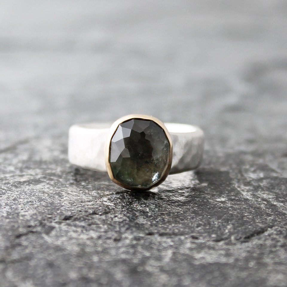 Rustic Blue Tourmaline Ring with 14K Gold and Hammered Sterling Silver, US Size 8.75