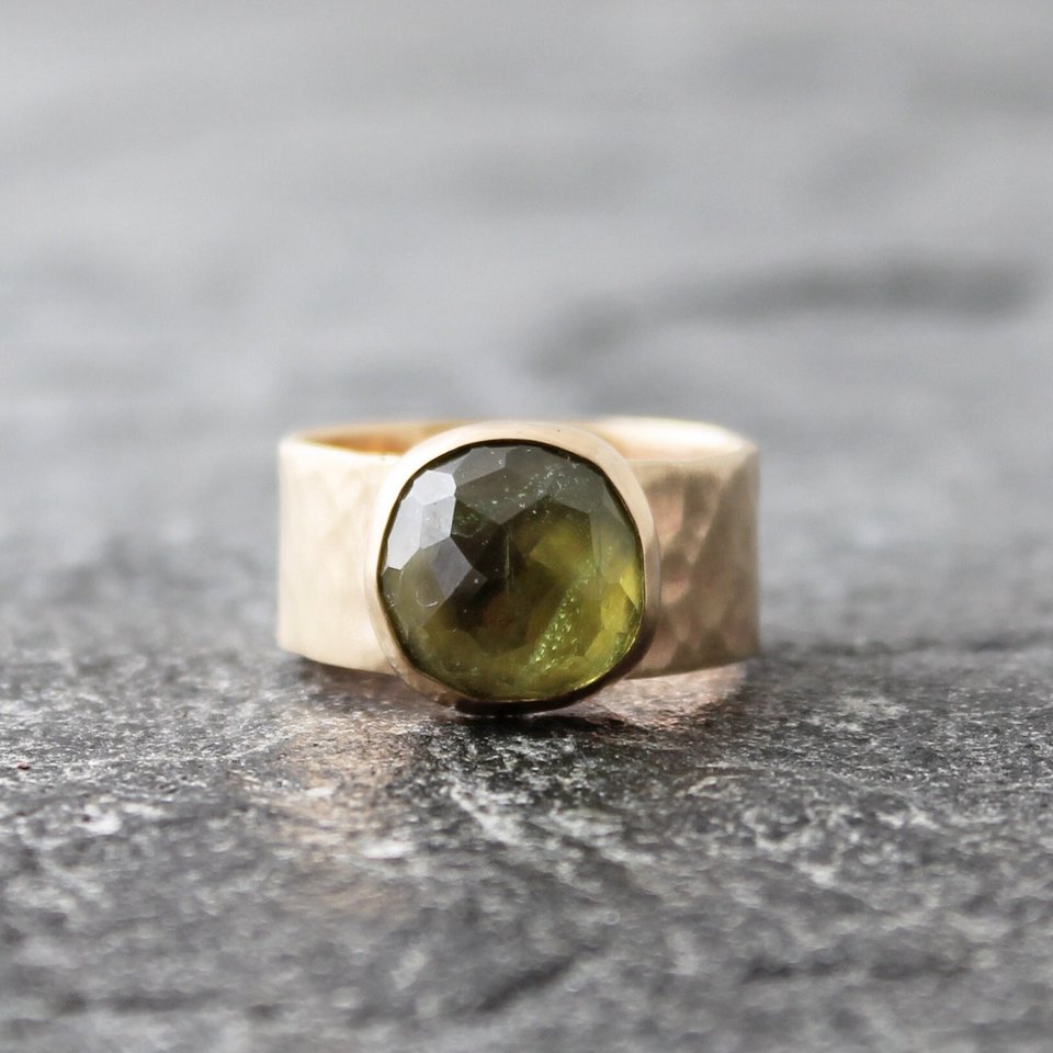Peridot Ring with Hammered Gold Band, US size 7.25