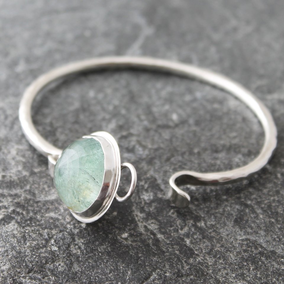 Aquamarine Bracelet with Hammered Sterling Silver Tension Cuff