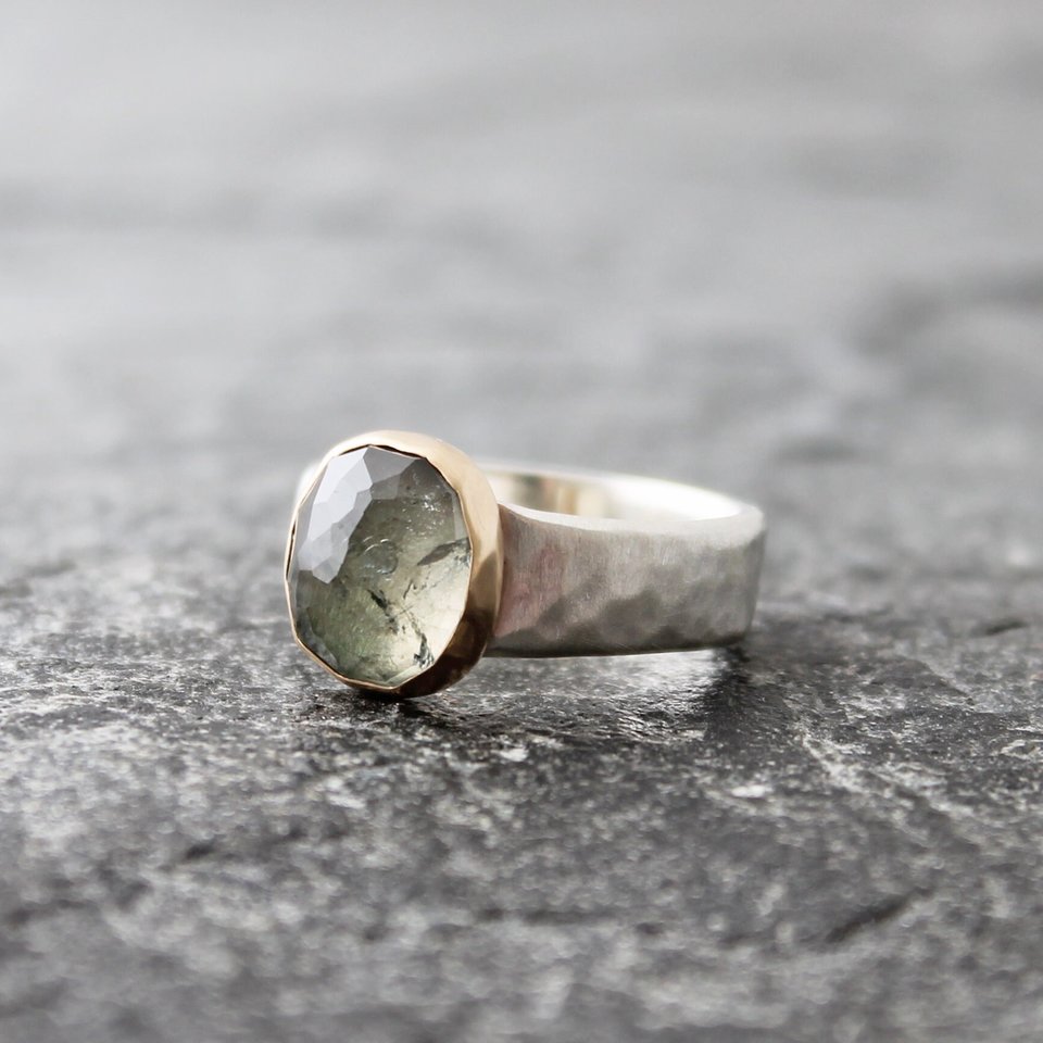 Rustic Blue Tourmaline Ring with 14K Gold and Hammered Sterling Silver, US Size 8.75