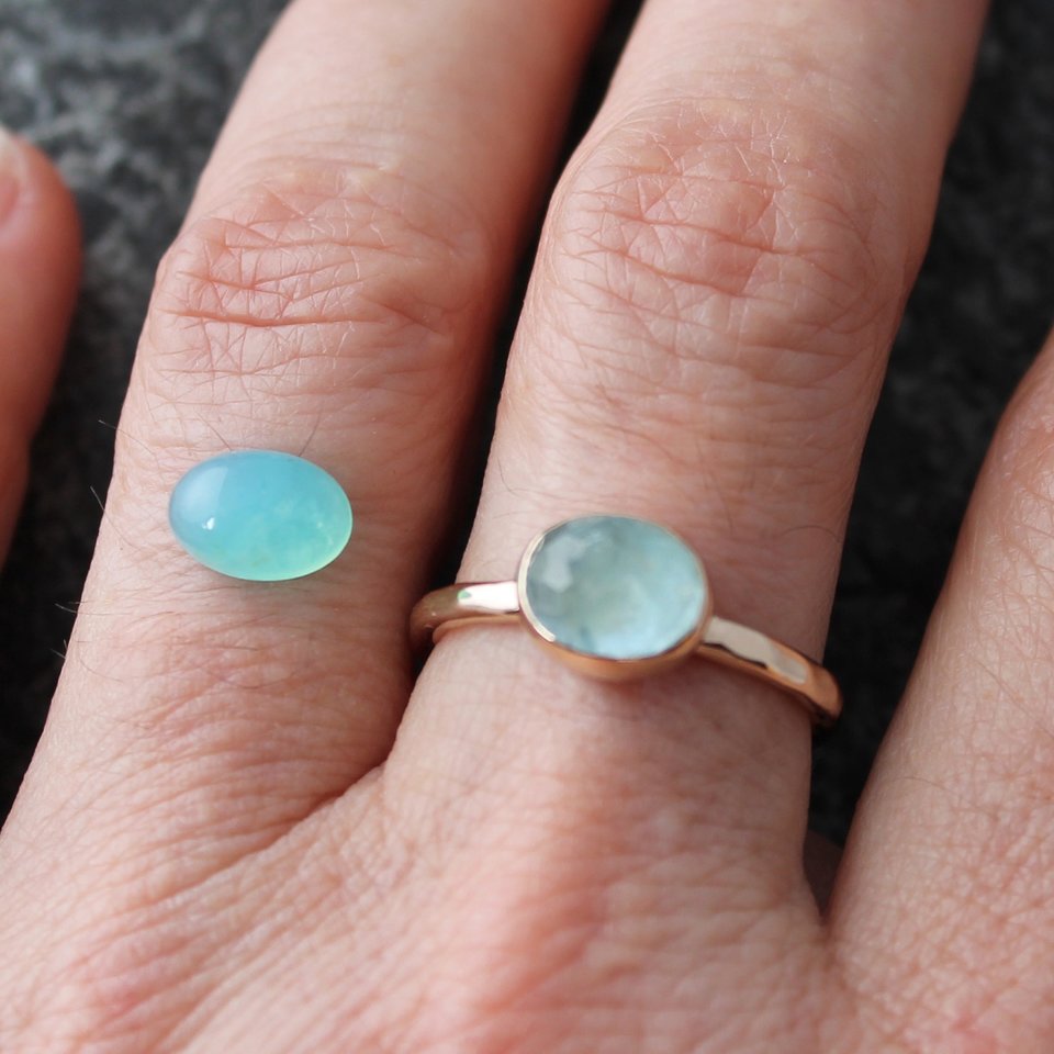 Peru Blue Opal Ring with Hammered Sterling Silver or 14K Gold Band