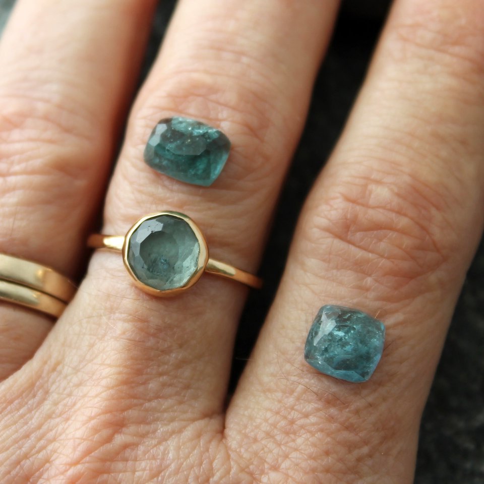 Delicate Blue Tourmaline Ring with 14K Yellow Gold Hammered Band, Custom Sizes