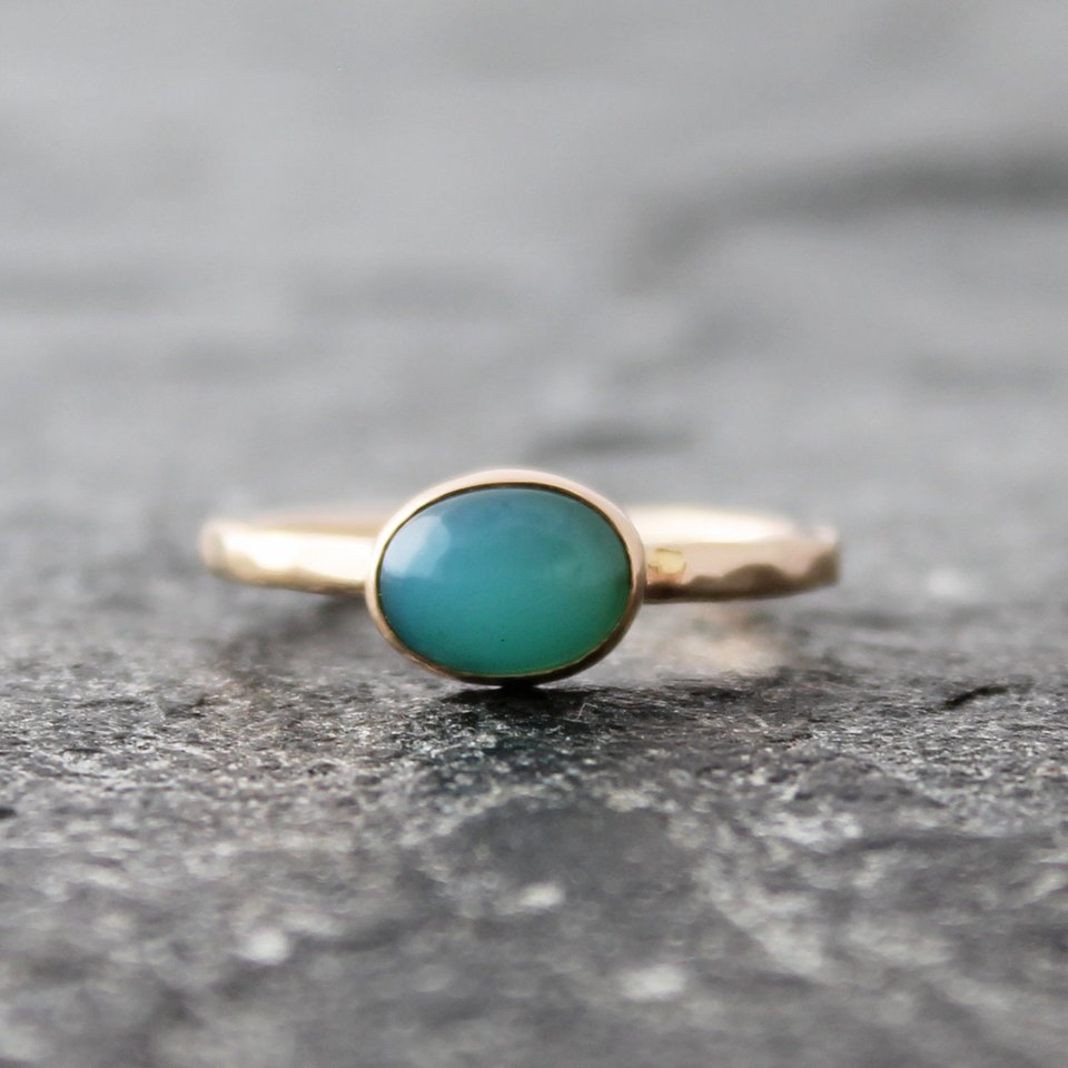 Peru Blue Opal Ring with Hammered Sterling Silver or 14K Gold Band