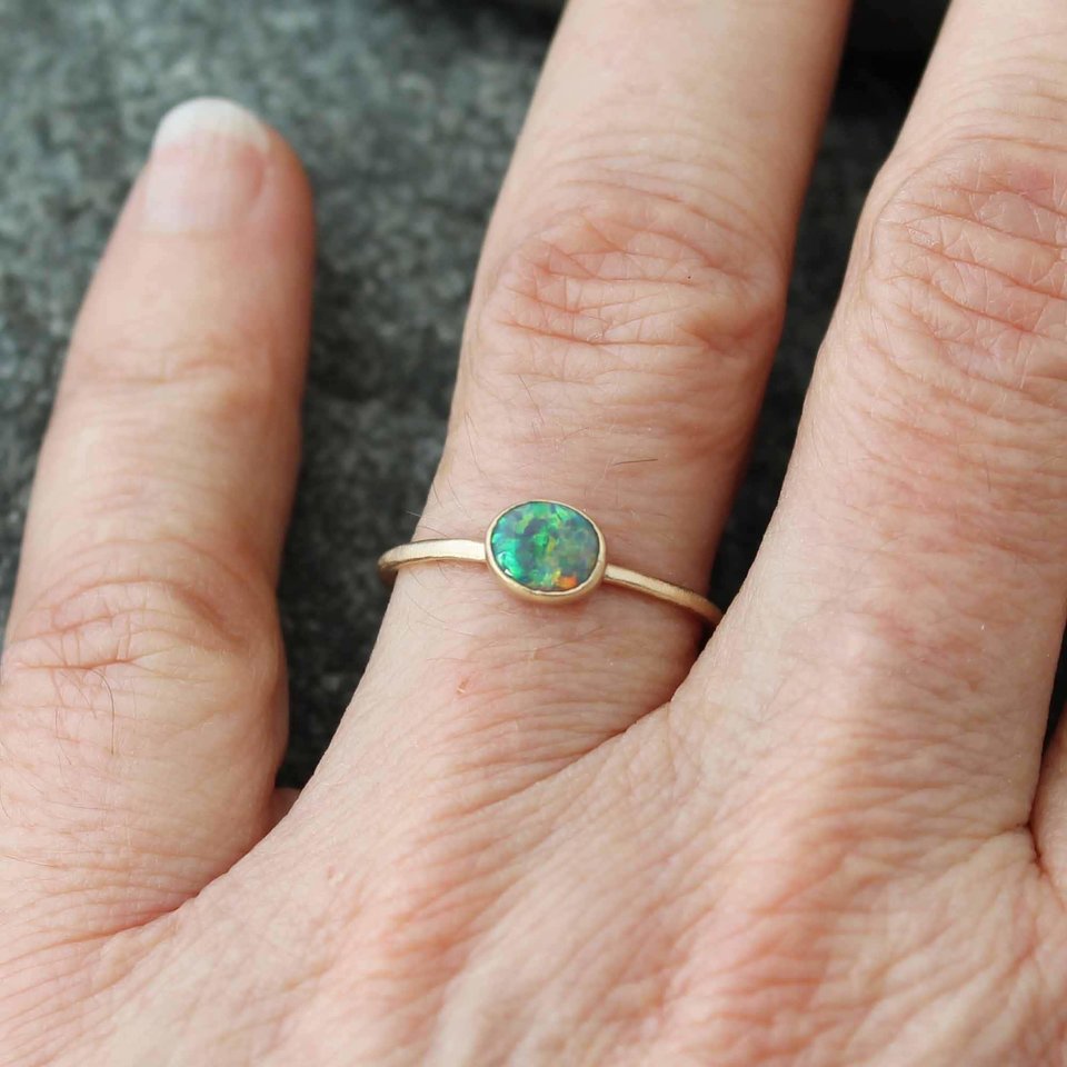 Australian Lightning Ridge Opal Ring with 14K Yellow Gold, US Size 7