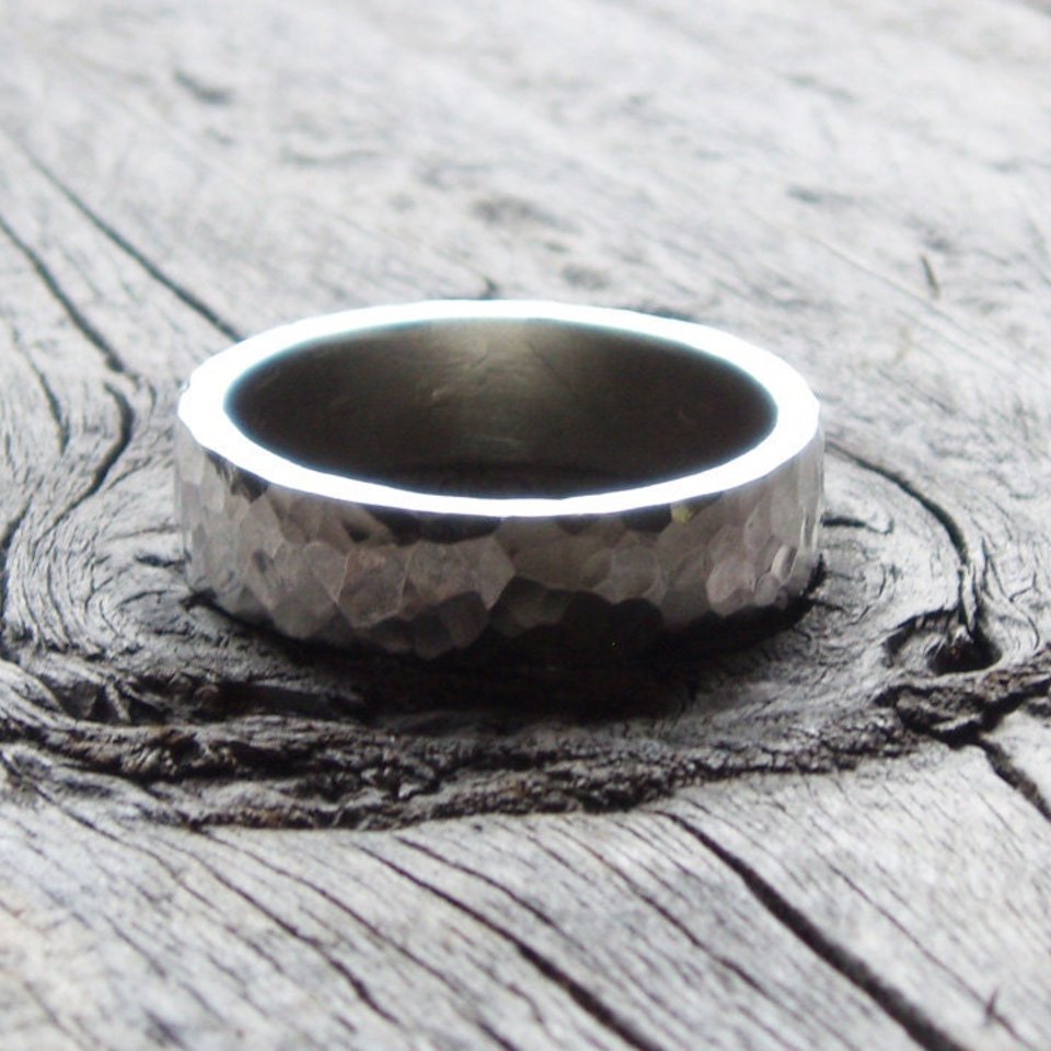 Artisan Hammered Sterling Silver Wedding Band Set, 6mm Wide and 4mm Wide Bands