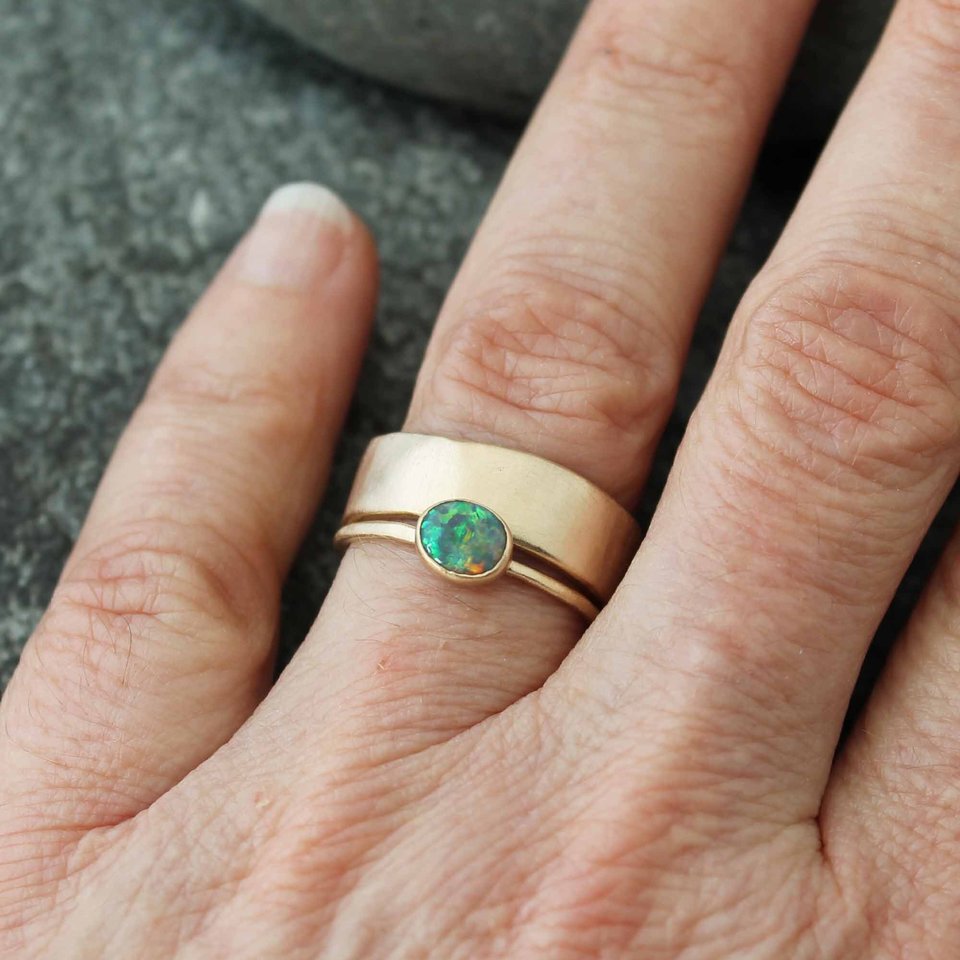 Australian Lightning Ridge Opal Ring, neva murtha jewelry, sunshine coast bc custom wedding bands