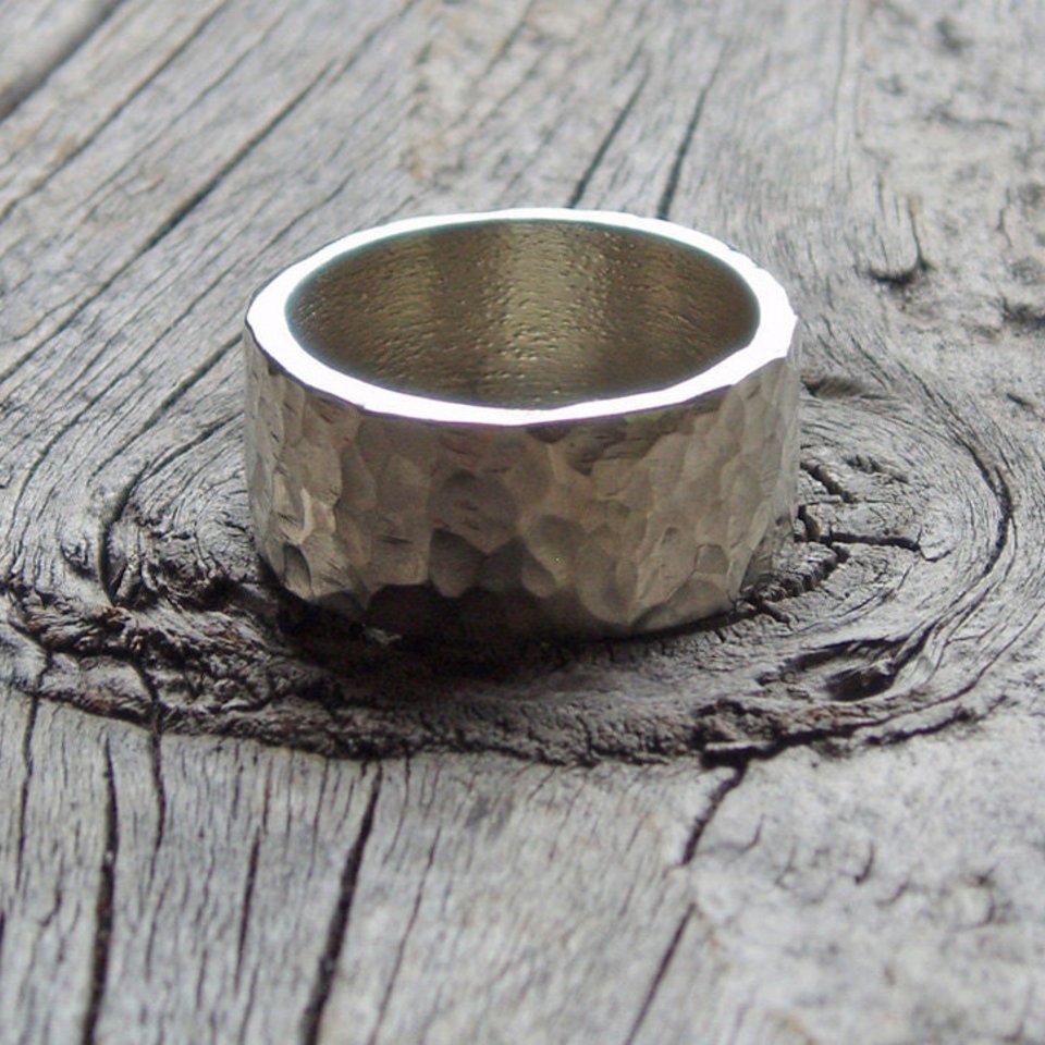 Hammered Sterling Silver Wedding Band Set, 2mm and 10mm Wide Rings