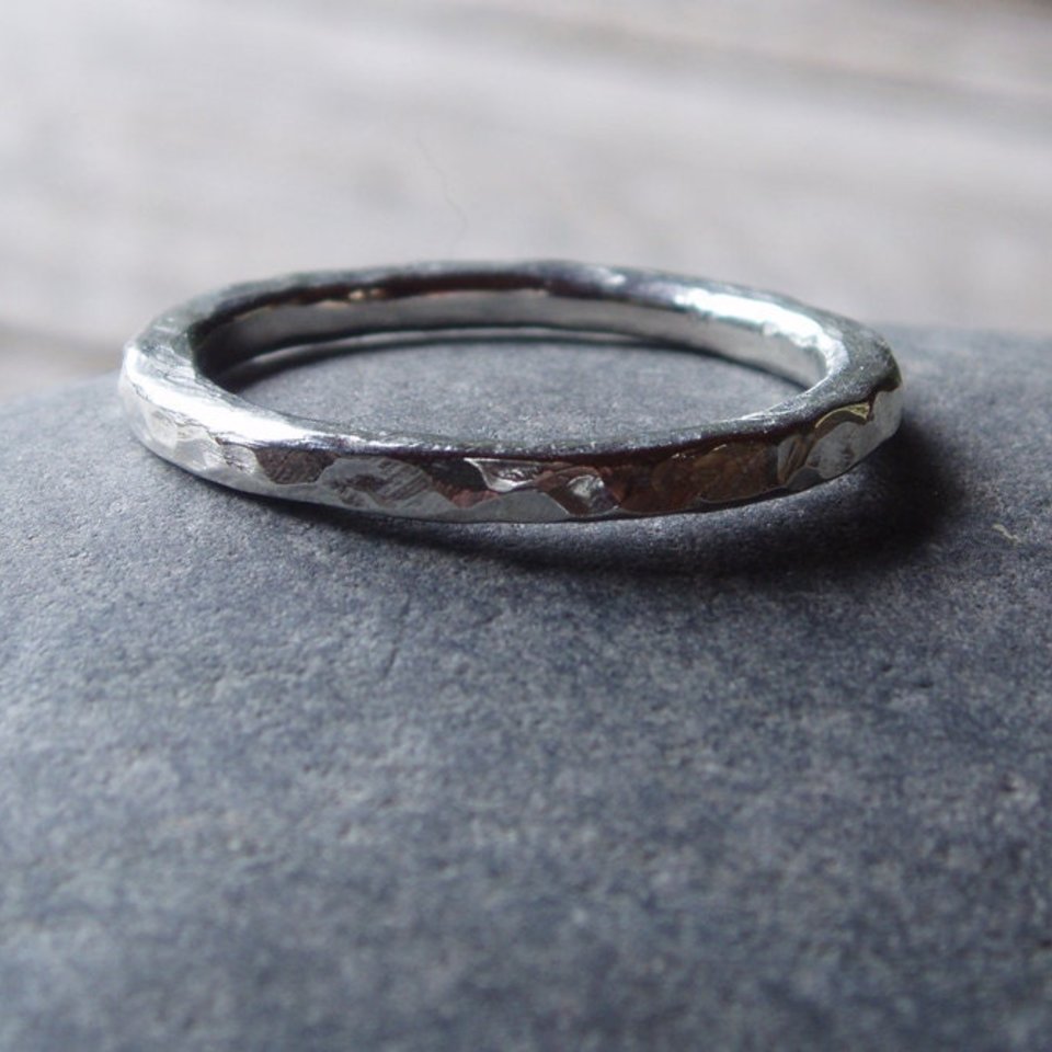 Hammered Sterling Silver Wedding Band Set, 2mm and 10mm Wide Rings