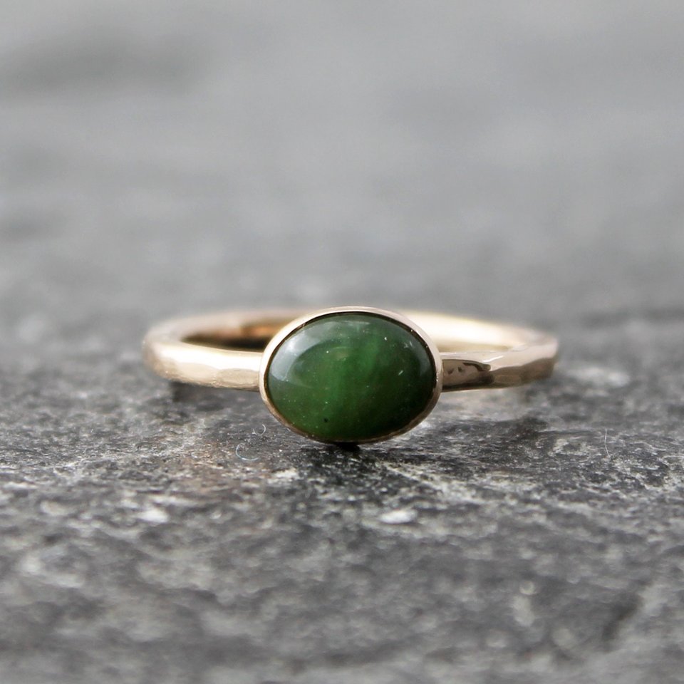 Canadian Nephrite Jade Ring with Hammered 14k Yellow Gold Band