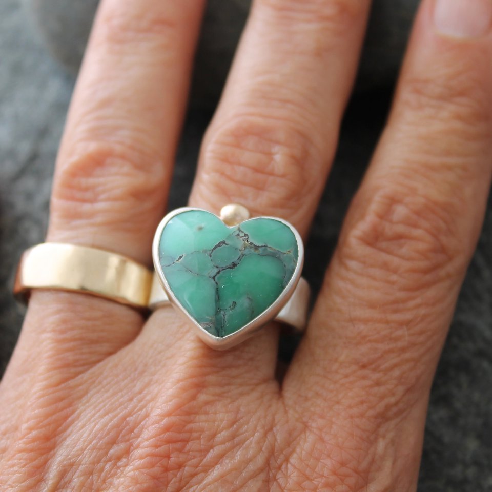 Desert Bloom Variscite Heart Ring with 14K Gold and Sterling Silver, US size 8