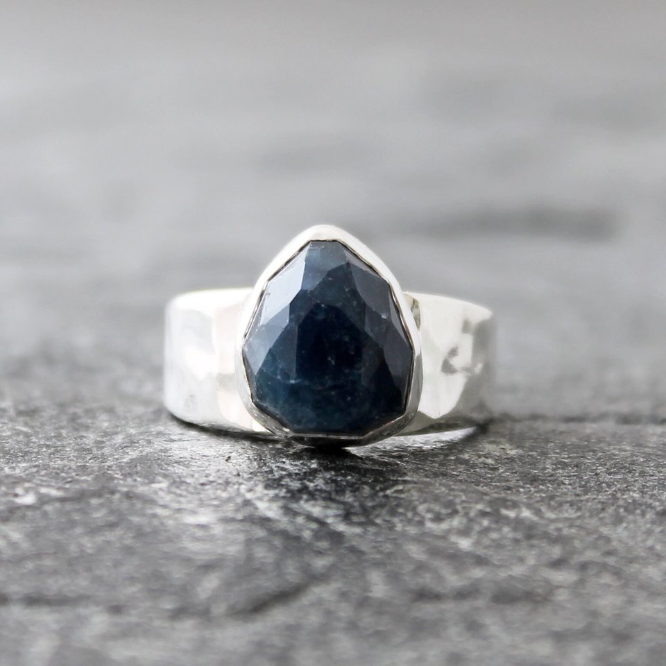 Dark Blue Tourmaline Ring with Sterling Silver, US Size 8
