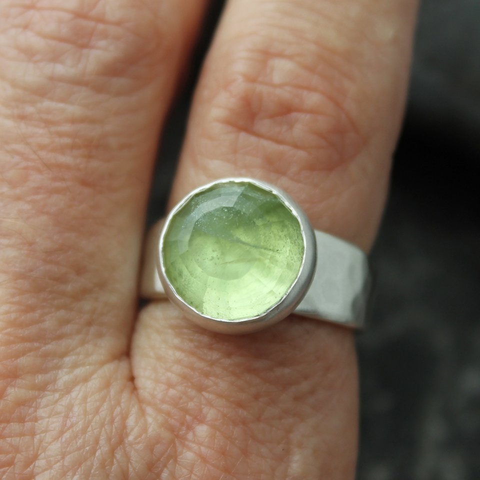 Peridot Moon Ring with Hammered Sterling Silver Band, US Size 7