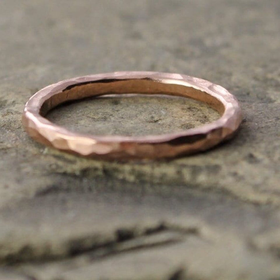 Hammered 14K Rose Gold Wedding Ring - 2mm