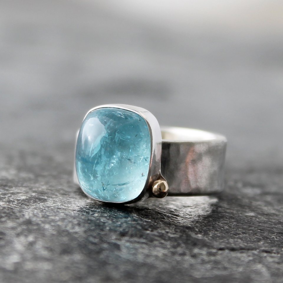 Aquamarine Ring with Hammered Sterling Silver Band and 14k Gold US size 8