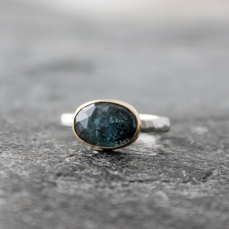 Teal Blue Kyanite Ring with 14K Gold and Hammered Sterling Silver Band, US Size 8