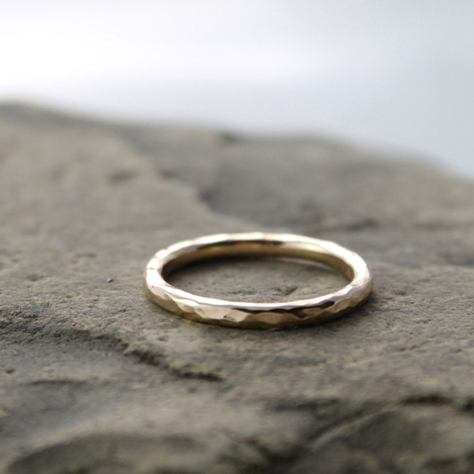 Hammered 14K Yellow Gold Wedding Band - 2mm