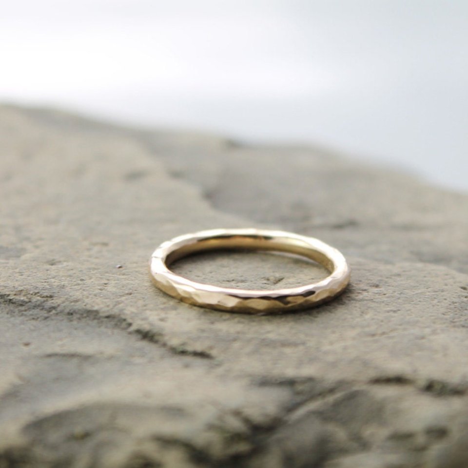 Hammered 14K Yellow Gold Wedding Band - 2mm