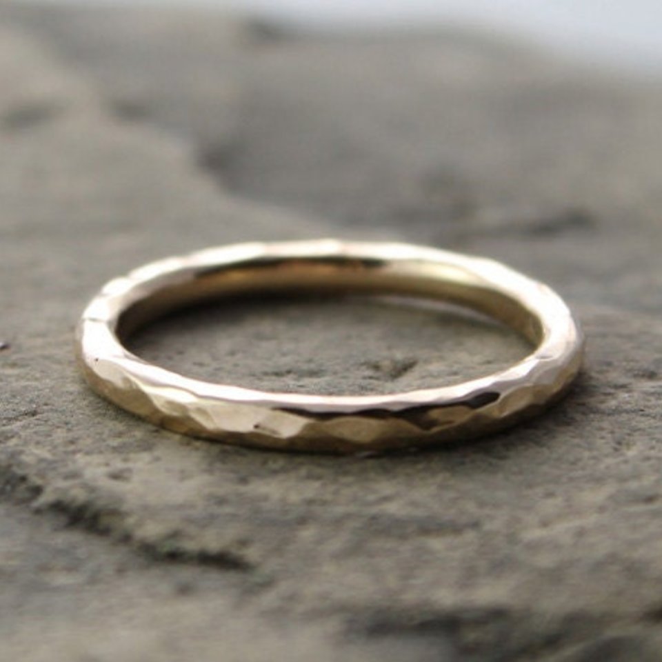 Hammered 14K Yellow Gold Wedding Band - 2mm