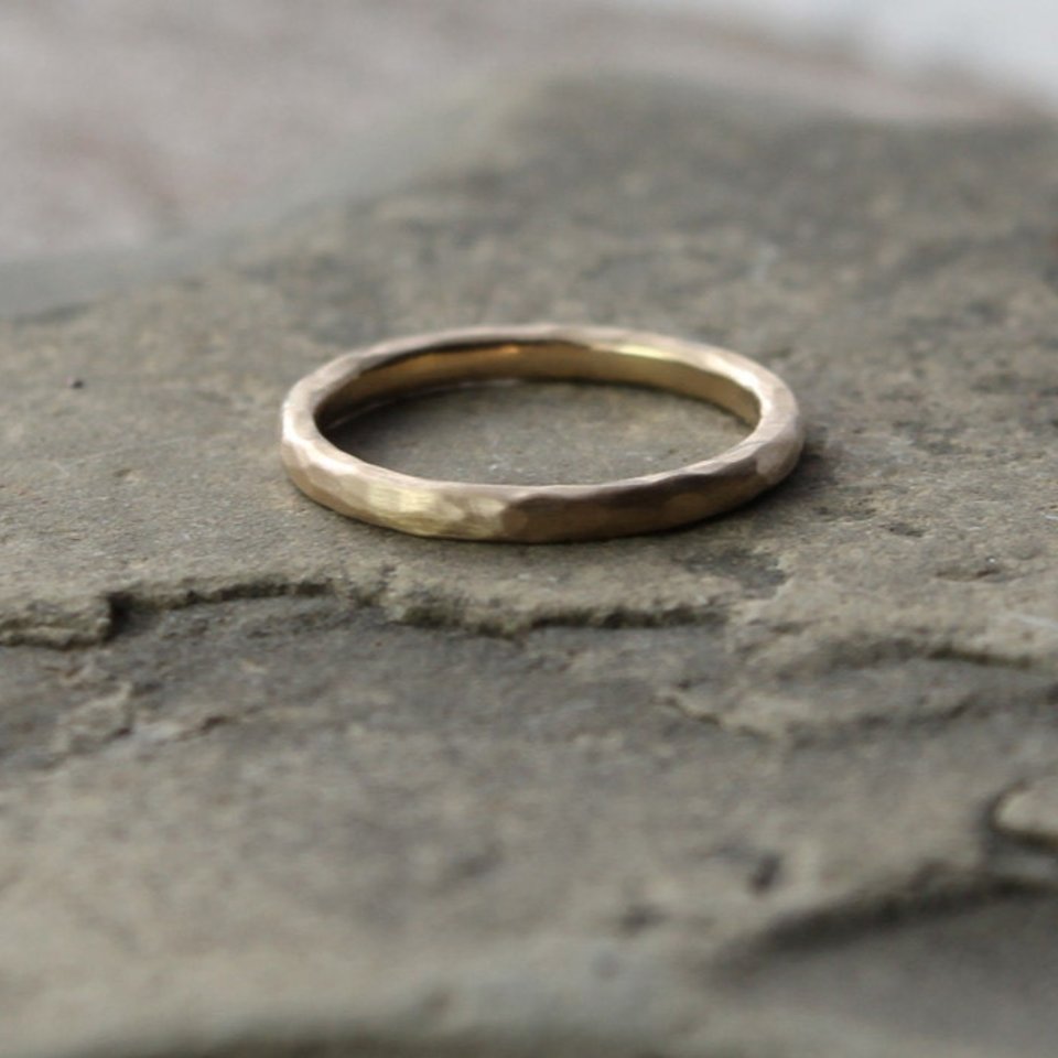 Hammered 14K Yellow Gold Wedding Band - 2mm