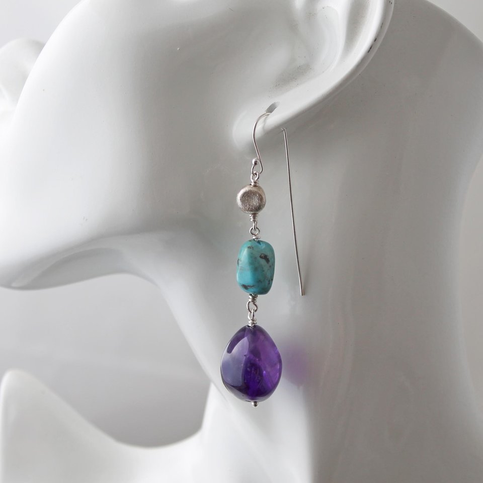 Amethyst and Turquoise Statement Earrings with Silver