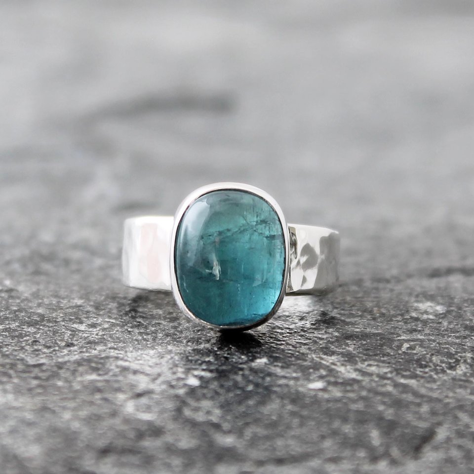 Blue Tourmaline Ring with Hammered Sterling Silver Band, US Size 7, Ready to Ship