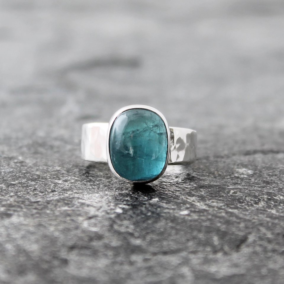 Blue Tourmaline Ring with Hammered Sterling Silver Band, US Size 7, Ready to Ship