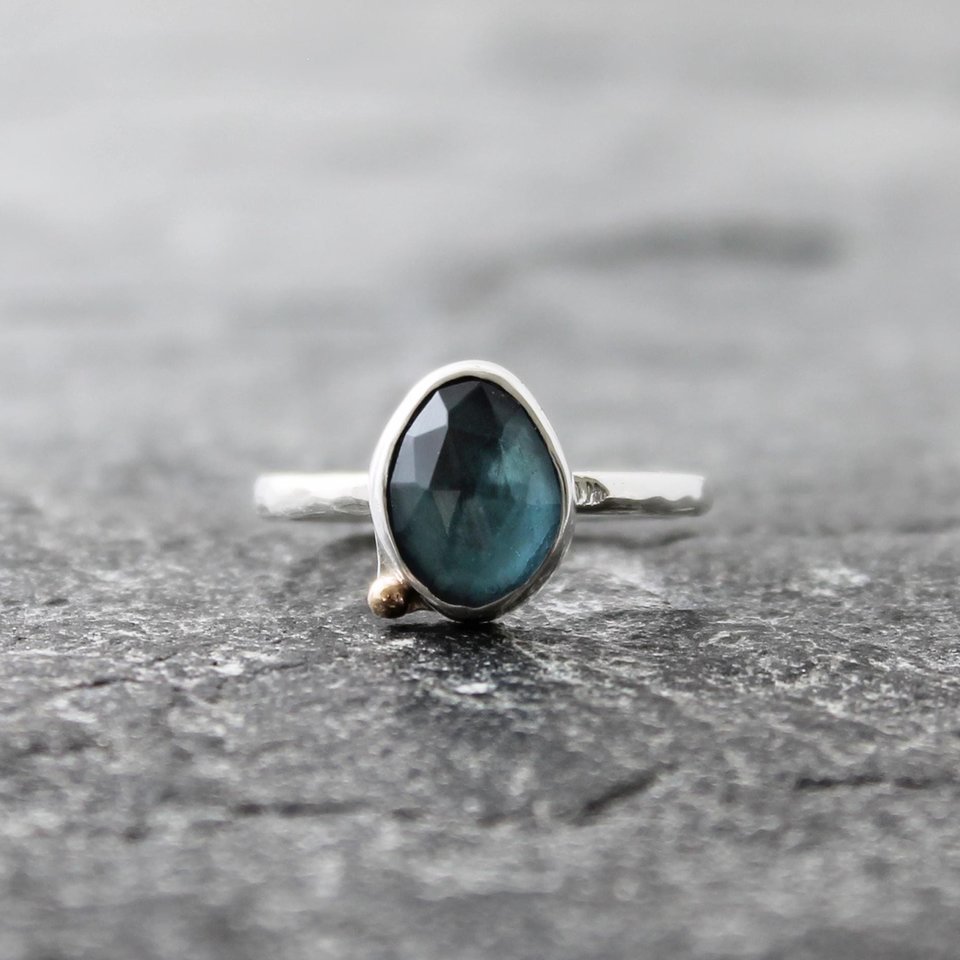 London Topaz Ring with 14k Gold and Hammered Sterling Silver Band, Alternative Engagement Ring, US Size 8