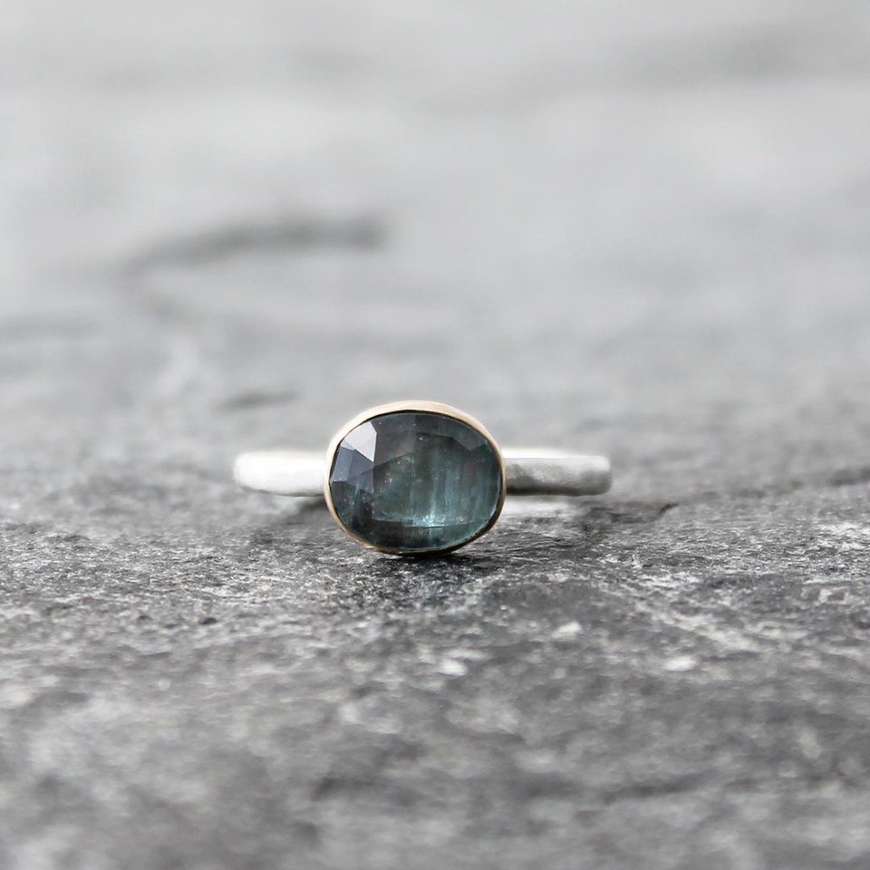 Light Blue Kyanite Ring with 14K Gold and Hammered Sterling Silver Band, US Size 6.25-6.5