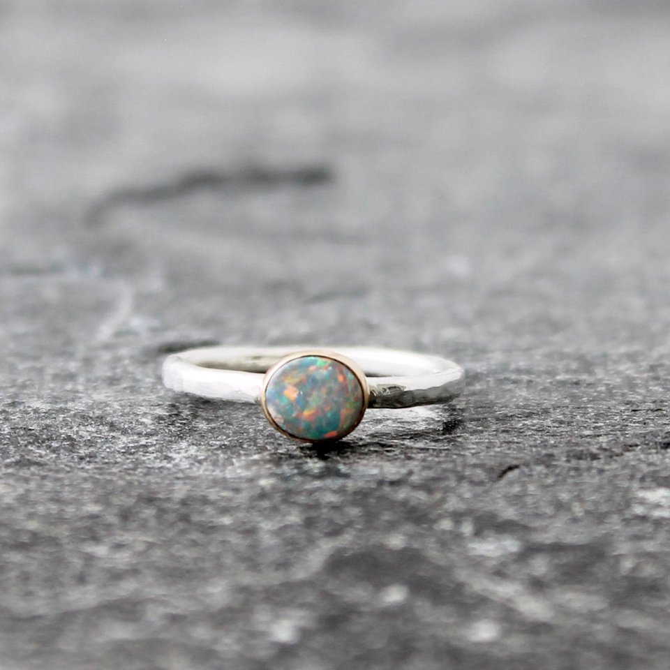 Australian Lightning Ridge Opal Ring with Hammered Sterling Silver Band and 14K Yellow Gold, US Size 5.75