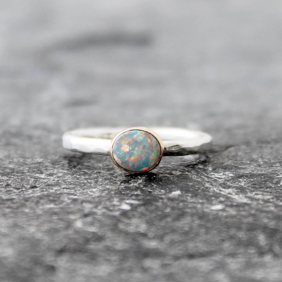 Australian Lightning Ridge Opal Ring with Hammered Sterling Silver Band and 14K Yellow Gold, US Size 5.75