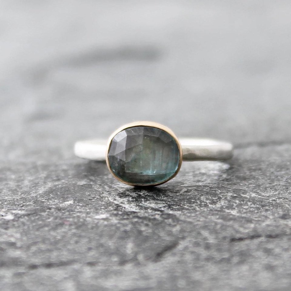 Light Blue Kyanite Ring with 14K Gold and Hammered Sterling Silver Band, US Size 6.25-6.5