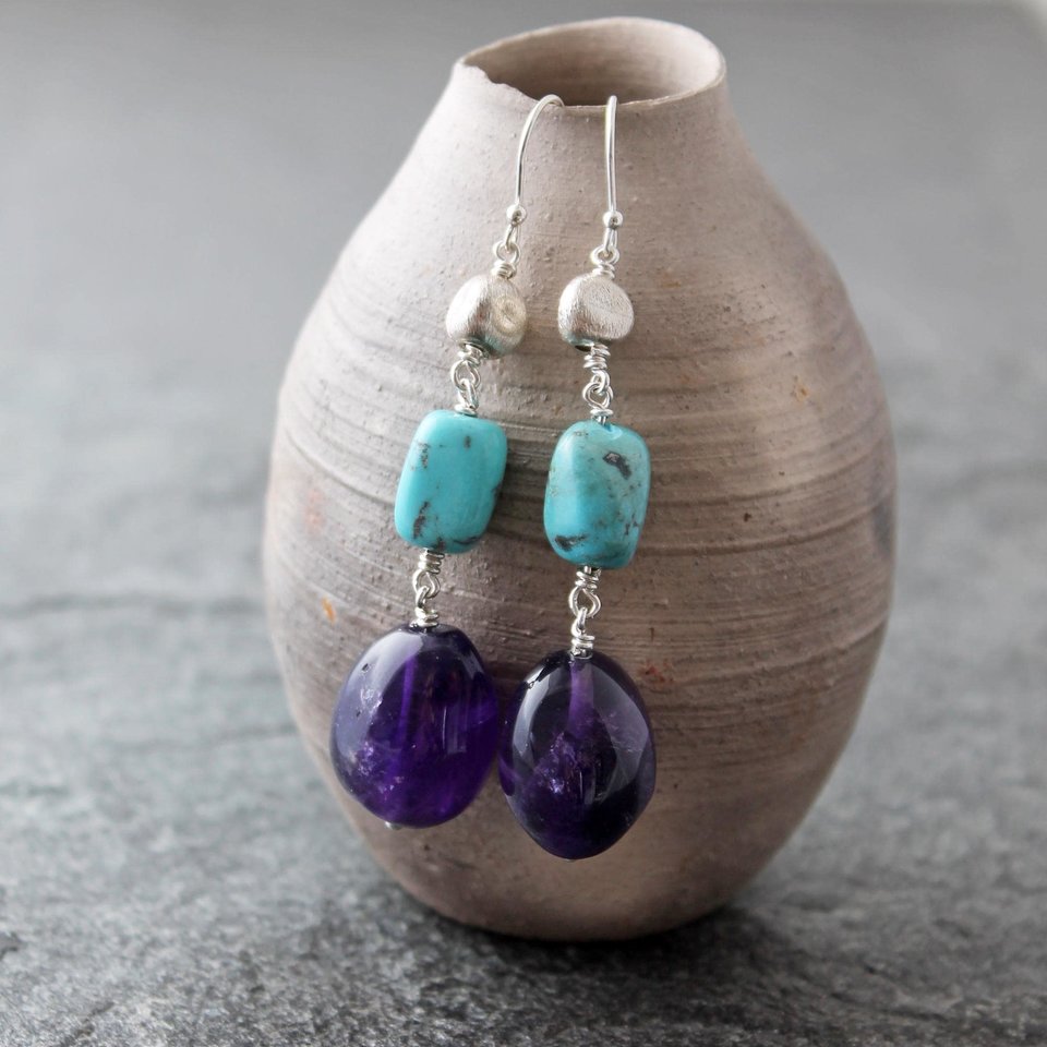 Amethyst and Turquoise Statement Earrings with Silver