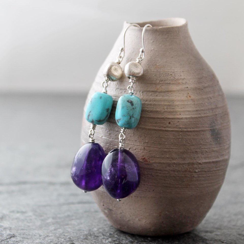 Amethyst and Turquoise Statement Earrings with Silver