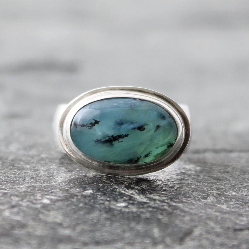 Peru Blue Opal Ring with Sterling Silver Band, Statement Cocktail Ring, US Size 8.5-8.75