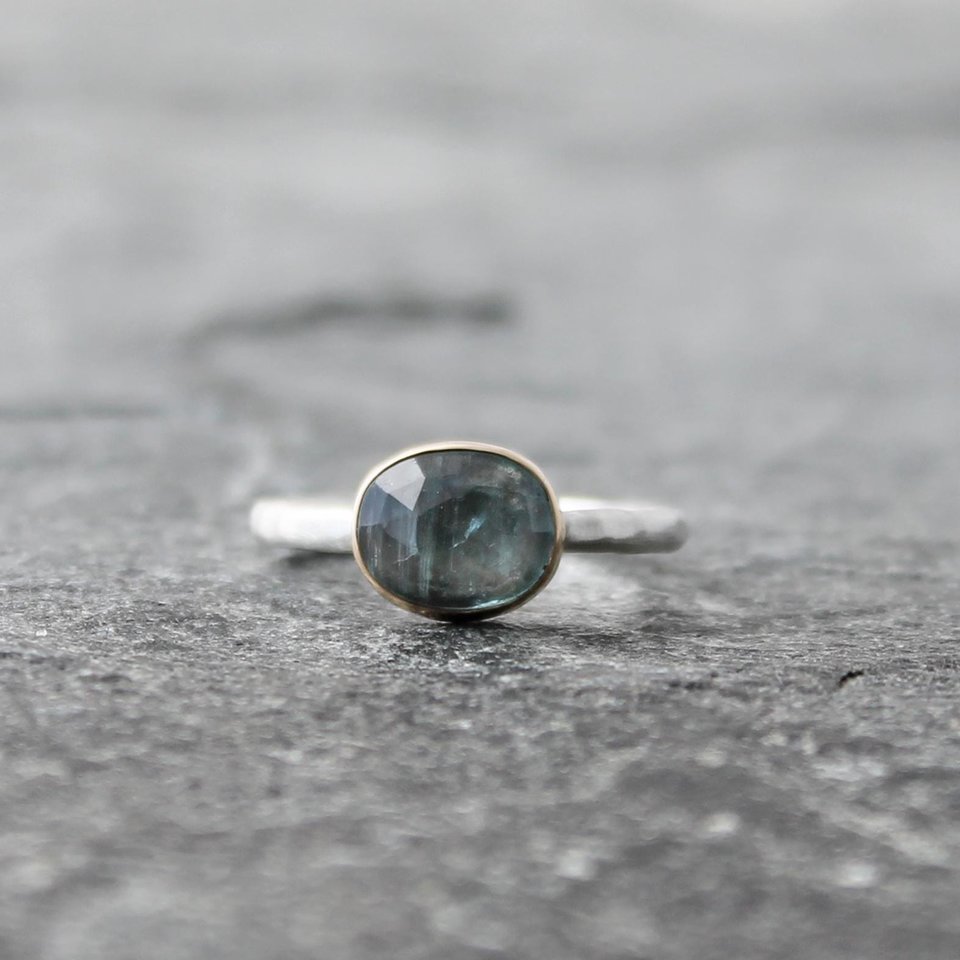 Light Blue Kyanite Ring with 14K Gold and Hammered Sterling Silver Band, US Size 6.25-6.5