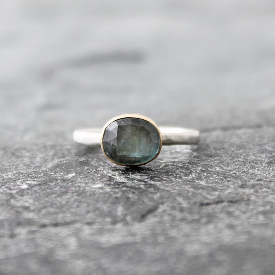 Light Blue Kyanite Ring with 14K Gold and Hammered Sterling Silver Band, US Size 6.25-6.5