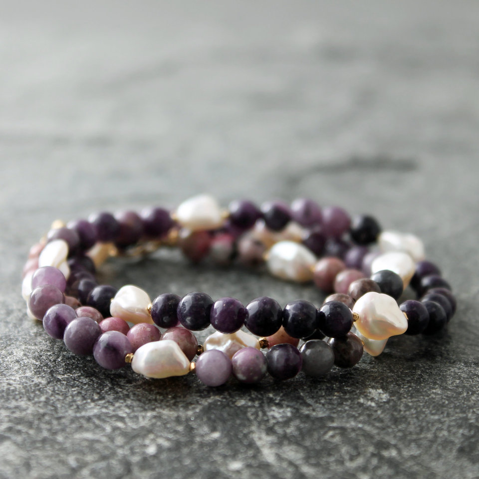 Sugilite Necklace with White Pearls and Gold Vermeil